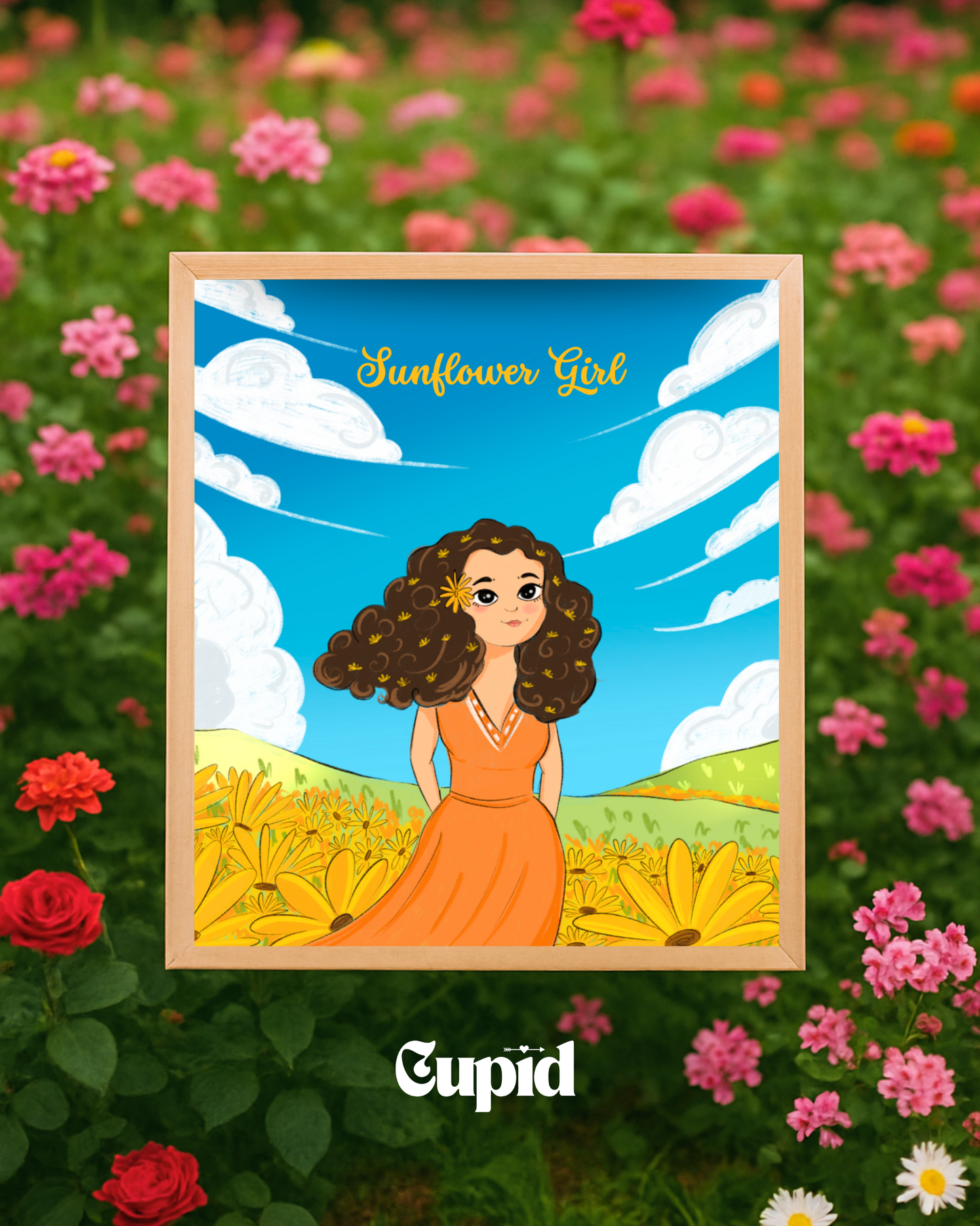 Sunflower Girl Illustrated Wall Frame